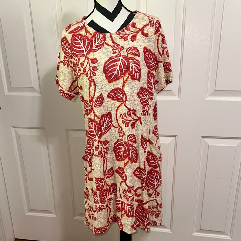 Fat Face Red and Cream Leaf Print Dress Size 8